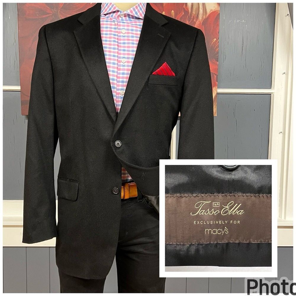 Tasso Elba Cashmere Jacket Sport Coat Mens 42L Long Black Blazer